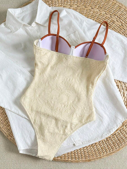 One-Piece Swimsuit – Wavy Texture, Shoulder Straps, Beach & Resort Style