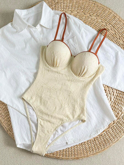 One-Piece Swimsuit – Wavy Texture, Shoulder Straps, Beach & Resort Style