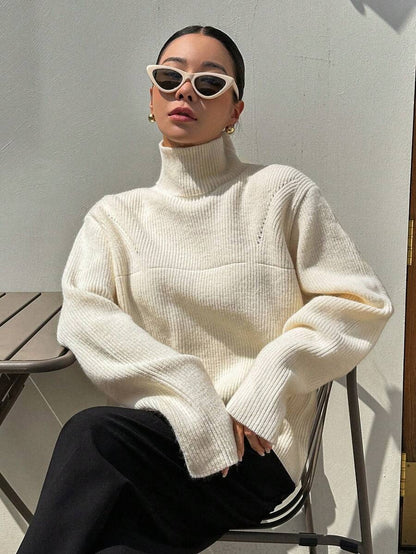 Oversized High-Neck Wool Sweater for Women Drop Shoulder Fall Style
