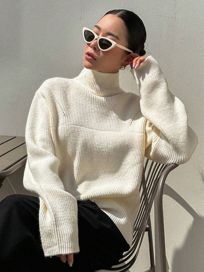 Oversized High-Neck Wool Sweater for Women Drop Shoulder Fall Style