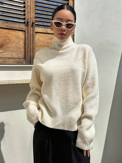 Oversized High-Neck Wool Sweater for Women Drop Shoulder Fall Style