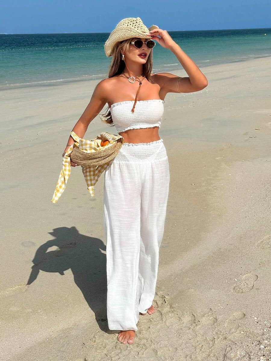 2pcs Women's Beach Outfit Ruffle Crop Top & Wide Leg Pants
