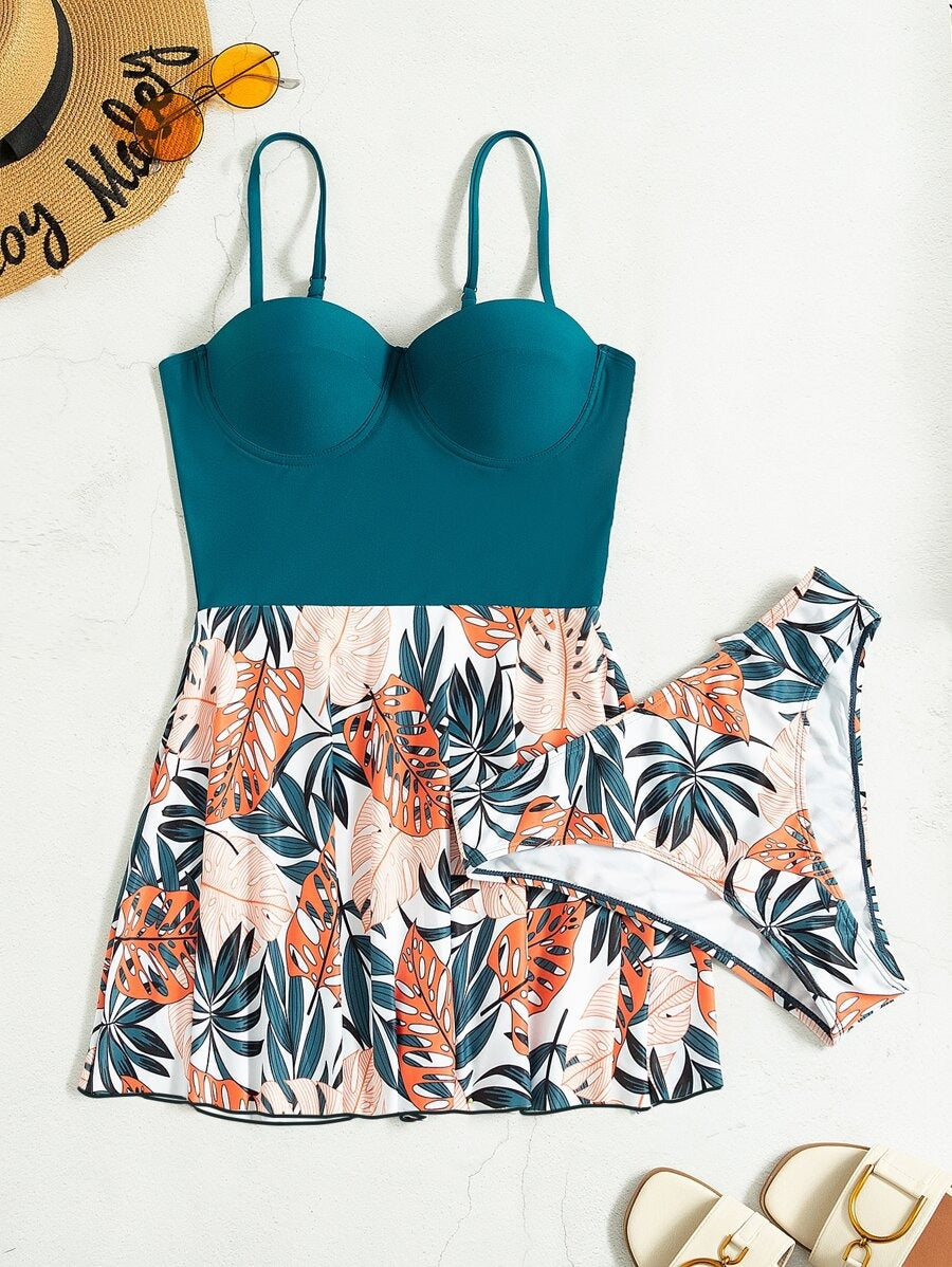 Bikini Set Swim Dress Tropical Print Push-Up Style for Summer Beach