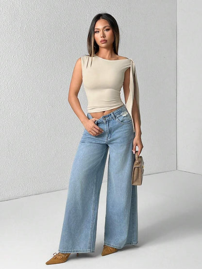 Blouse for Women Solid Color Oblique Collar Tie Waist Minimalist Casual Wear