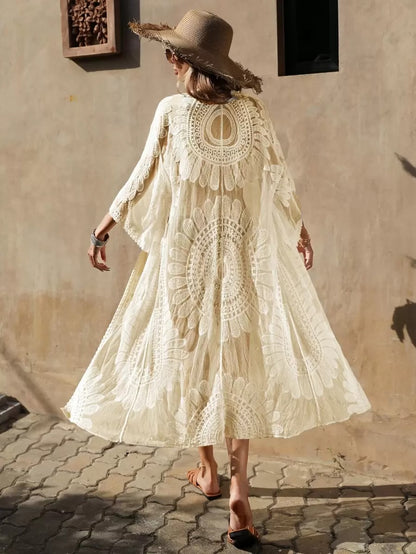Cover-Up Kimono with Floral Embroidery – Boho Mesh Beachwear for Women