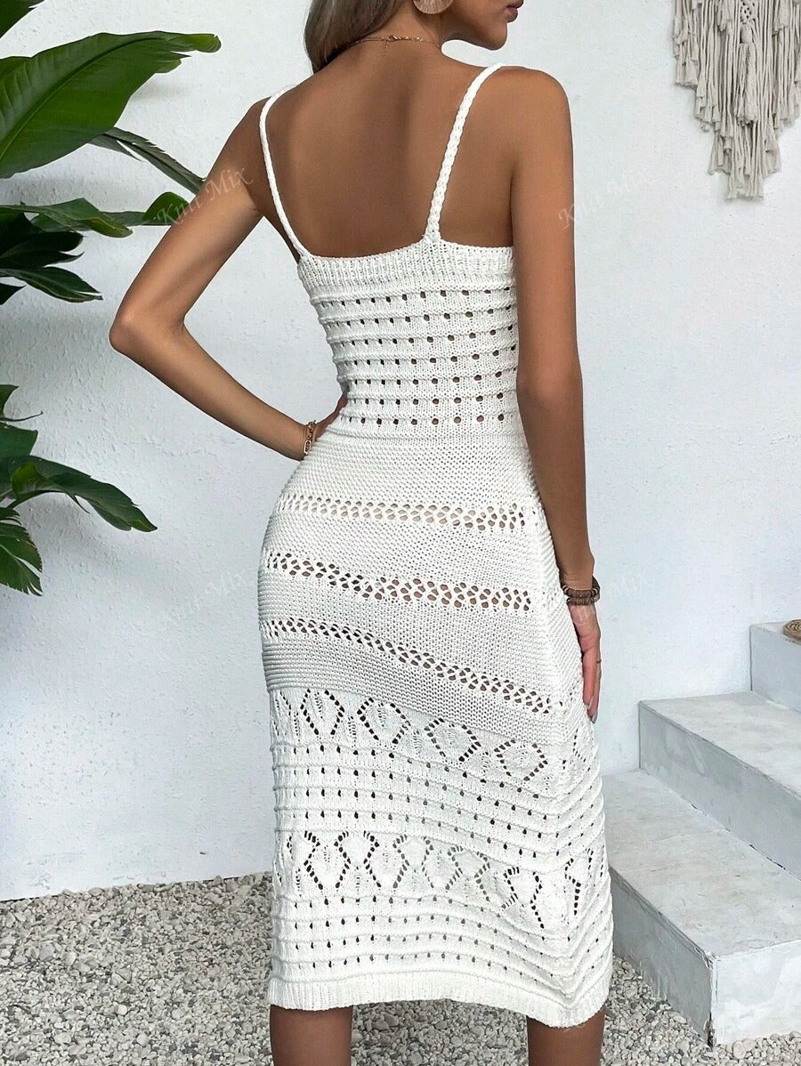 Knitted Maxi Dress for Women Elegant White Backless Casual Beach Style for Spring & Summer