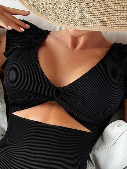 One-Piece Swimsuit Hollow Out Twist Front Ruffle Trim