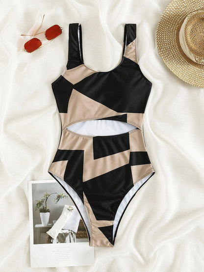 One-Piece Swimsuit Color block Cut-Out Design for Summer Beach