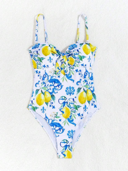 One-Piece Swimsuit with Fruit Print & Knotted Shoulder Straps