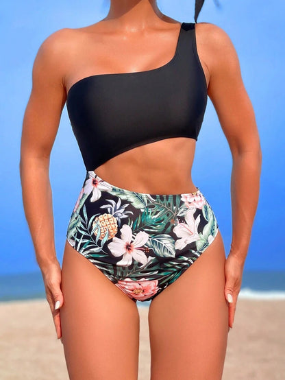 One-Piece Swimsuit Tropical One Shoulder Cut-Out Design