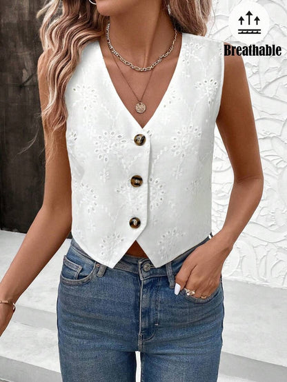 Women's White Embroidered Blouse Romantic Vest Style for Spring & Valentine's Day