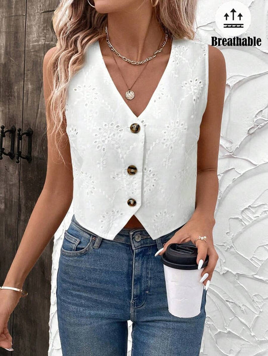 Women's White Embroidered Blouse Romantic Vest Style for Spring & Valentine's Day