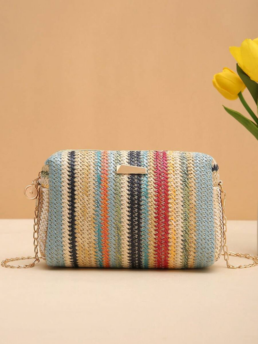 Rainbow Woven Straw Crossbody Bag – Trendy & Versatile Women’s Bag with Chain Strap حقيبة كاميرا قش ملونة