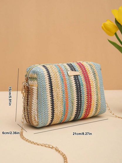 Rainbow Woven Straw Crossbody Bag – Trendy & Versatile Women’s Bag with Chain Strap حقيبة كاميرا قش ملونة