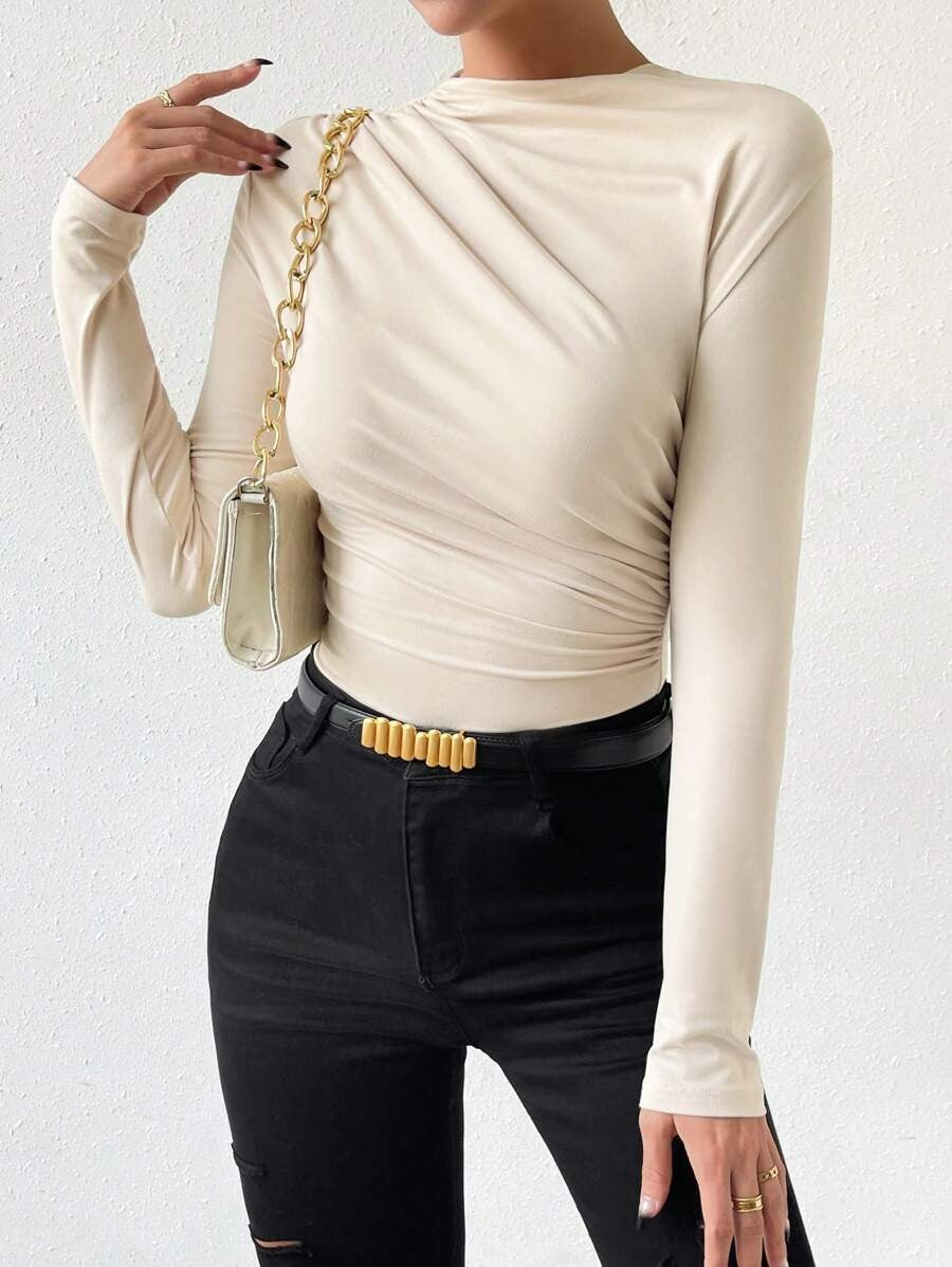 Slim Fit T-Shirt Bodysuit Solid Color Wrinkle
