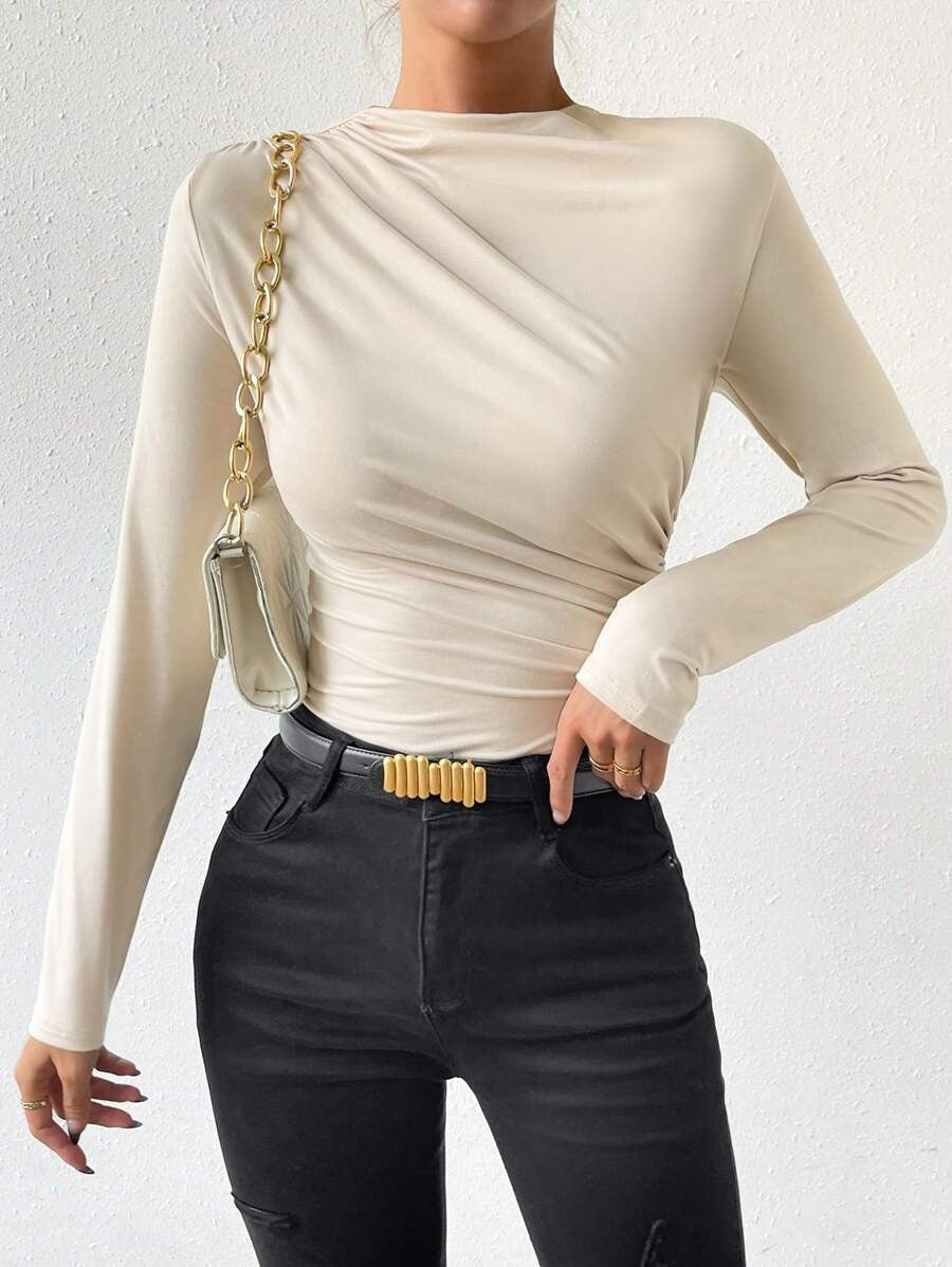 Slim Fit T-Shirt Bodysuit Solid Color Wrinkle