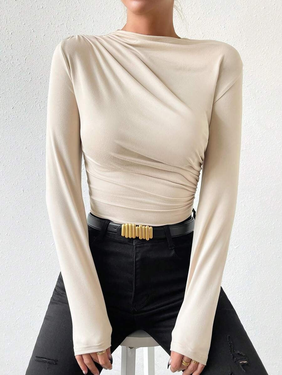 Slim Fit T-Shirt Bodysuit Solid Color Wrinkle