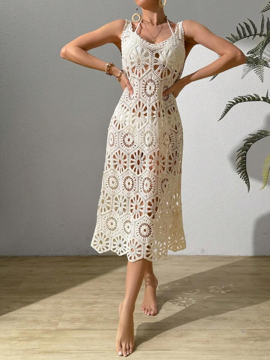 Solid color mesh crochet dress for summer beach cover-ups