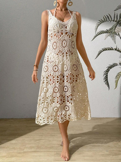 Solid color mesh crochet dress for summer beach cover-ups