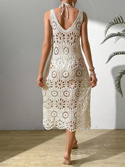 Solid color mesh crochet dress for summer beach cover-ups
