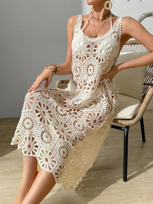 Solid color mesh crochet dress for summer beach cover-ups