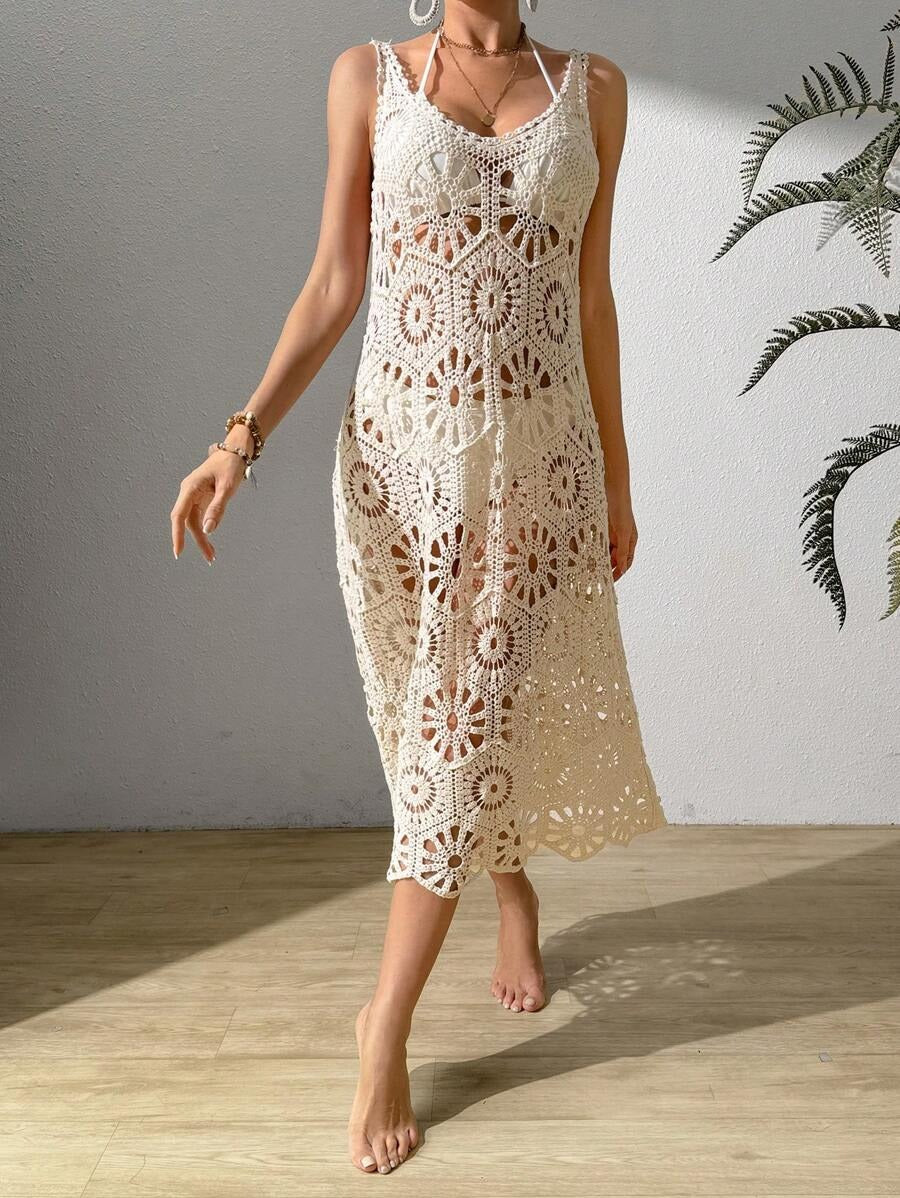 Solid color mesh crochet dress for summer beach cover-ups