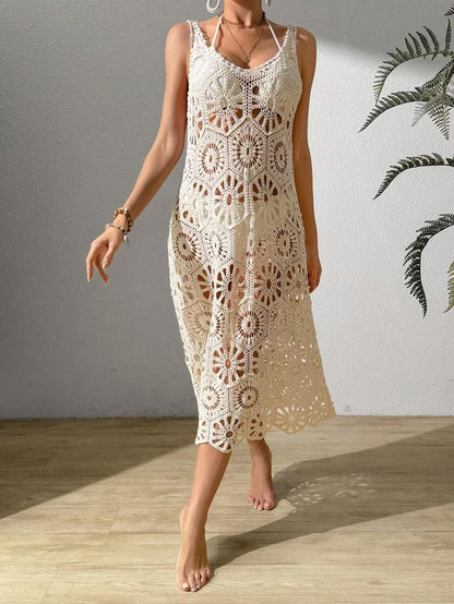 Solid color mesh crochet dress for summer beach cover-ups