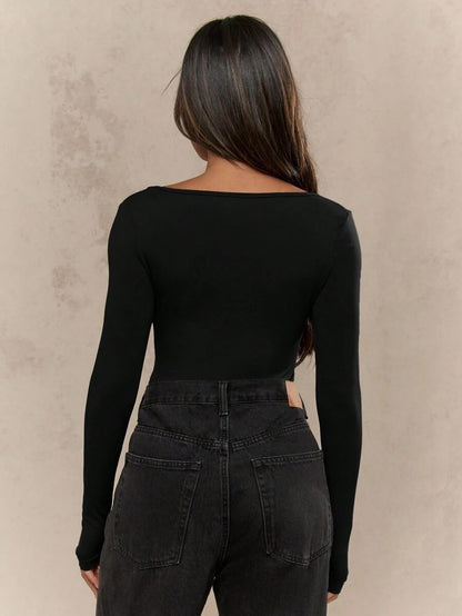 Square Neck Long Sleeve Bodysuit Women's Elegant Layering Top
