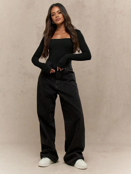 Square Neck Long Sleeve Bodysuit Women's Elegant Layering Top