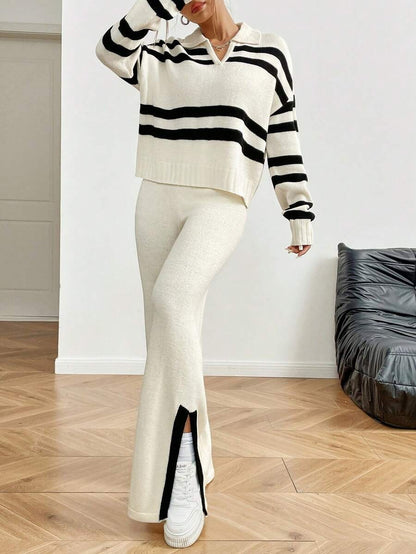 Striped Knit Jumpsuit V-Neck Sweater & Wide-Leg Pants