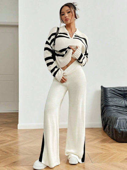 Striped Knit Jumpsuit V-Neck Sweater & Wide-Leg Pants