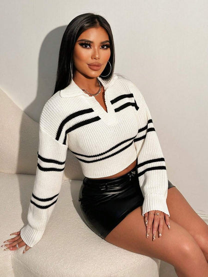 Striped Long Sleeve Polo Shirt Black & White Casual Autumn Style