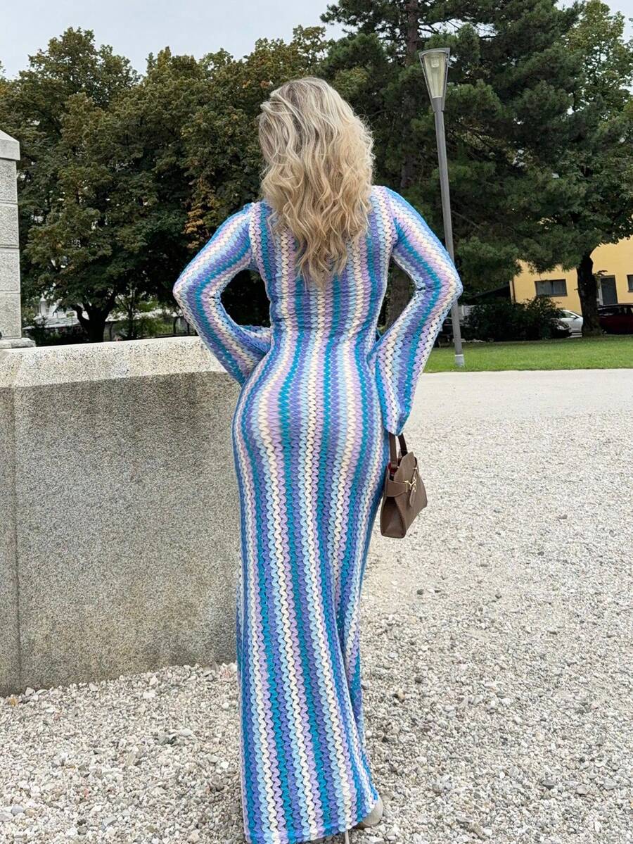 Striped Ruffled Knit Maxi Dress – Bohemian Beach & Holiday Style