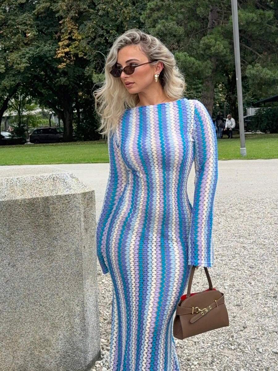 Striped Ruffled Knit Maxi Dress – Bohemian Beach & Holiday Style