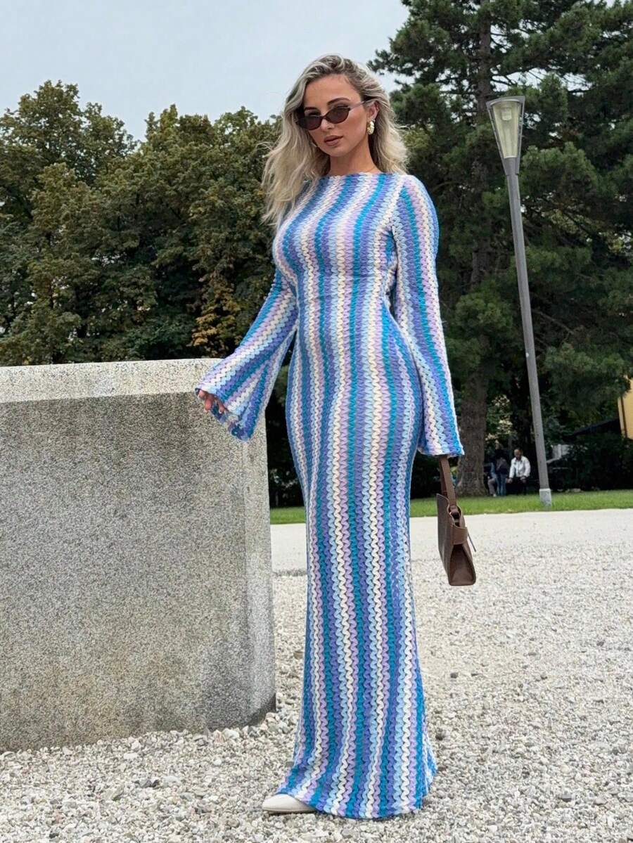 Striped Ruffled Knit Maxi Dress – Bohemian Beach & Holiday Style