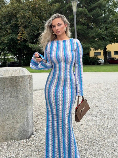 Striped Ruffled Knit Maxi Dress – Bohemian Beach & Holiday Style