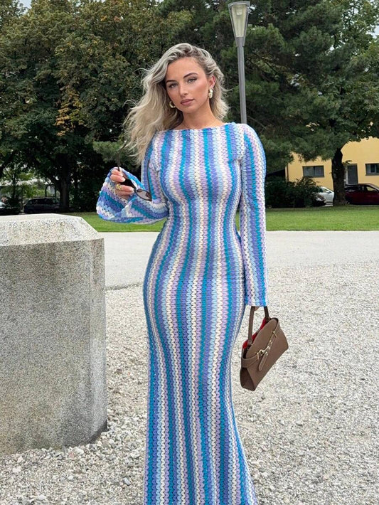 Striped Ruffled Knit Maxi Dress – Bohemian Beach & Holiday Style