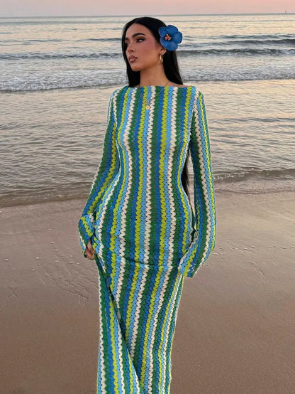 Striped Ruffled Knit Maxi Dress – Bohemian Beach & Vacation Style