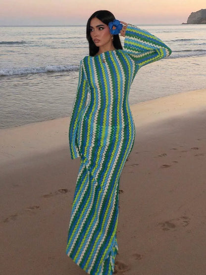 Striped Ruffled Knit Maxi Dress – Bohemian Beach & Vacation Style