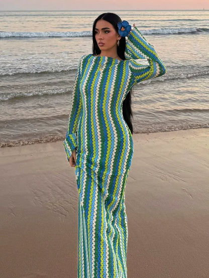 Striped Ruffled Knit Maxi Dress – Bohemian Beach & Vacation Style