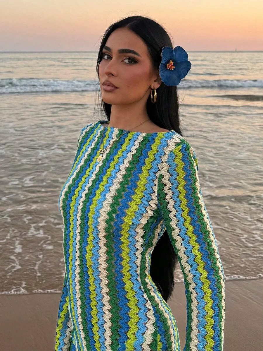Striped Ruffled Knit Maxi Dress – Bohemian Beach & Vacation Style