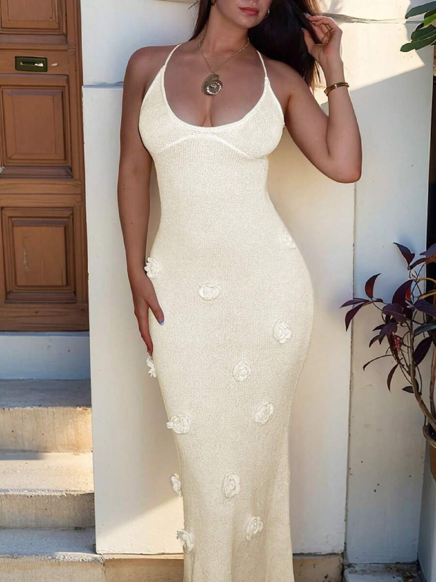 Summer Bodycon Dress – 3D Floral, Open Back & Deep V-Neck