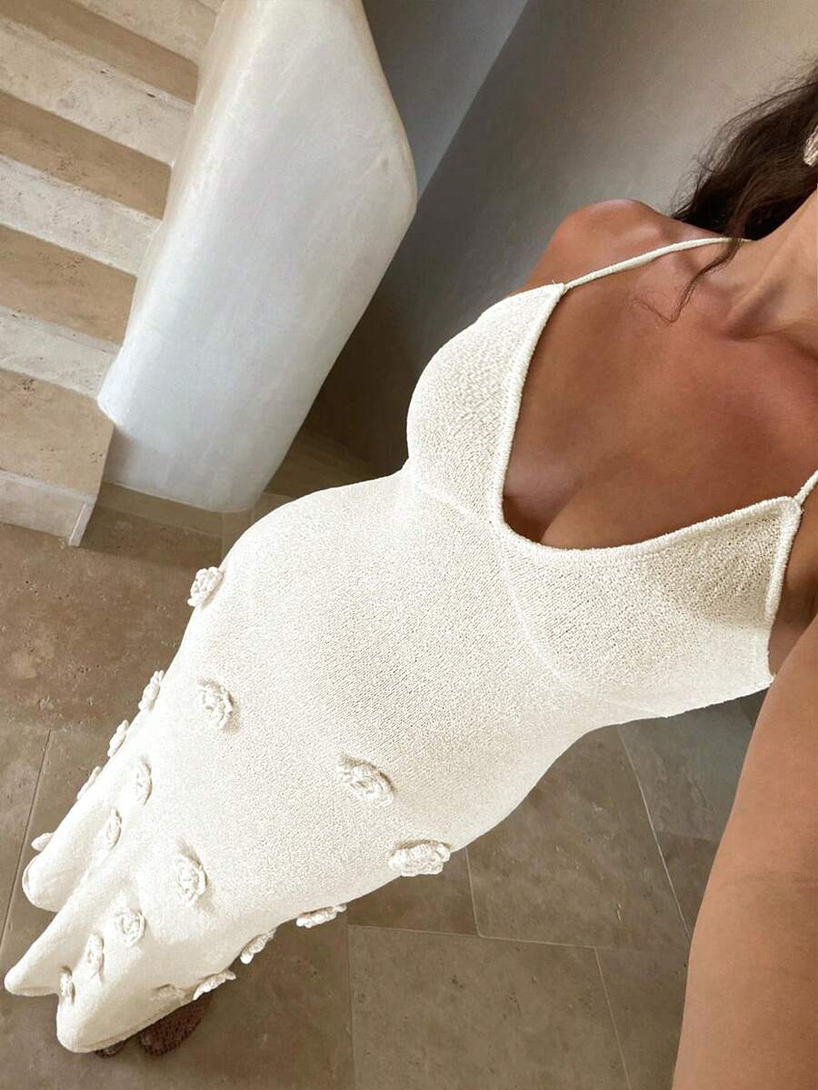 Summer Bodycon Dress – 3D Floral, Open Back & Deep V-Neck
