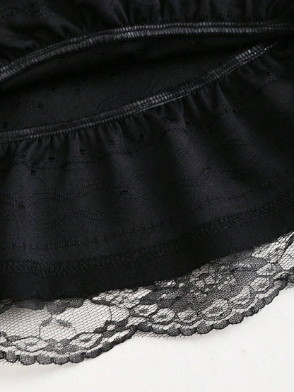 Sweetra A-Line Mini Skirt with Black Lace Trim, Fitted Silhouette To Flatter The Waist