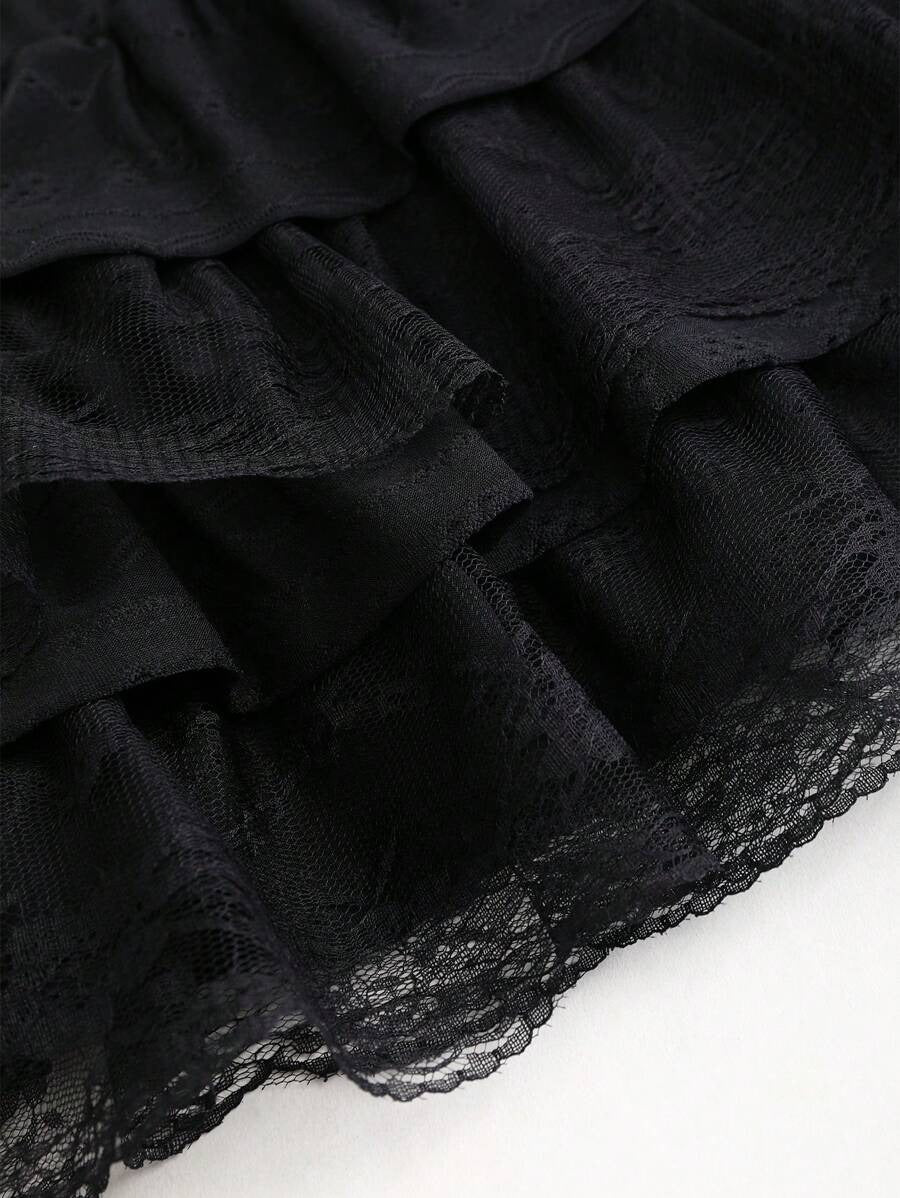 Sweetra A-Line Mini Skirt with Black Lace Trim, Fitted Silhouette To Flatter The Waist