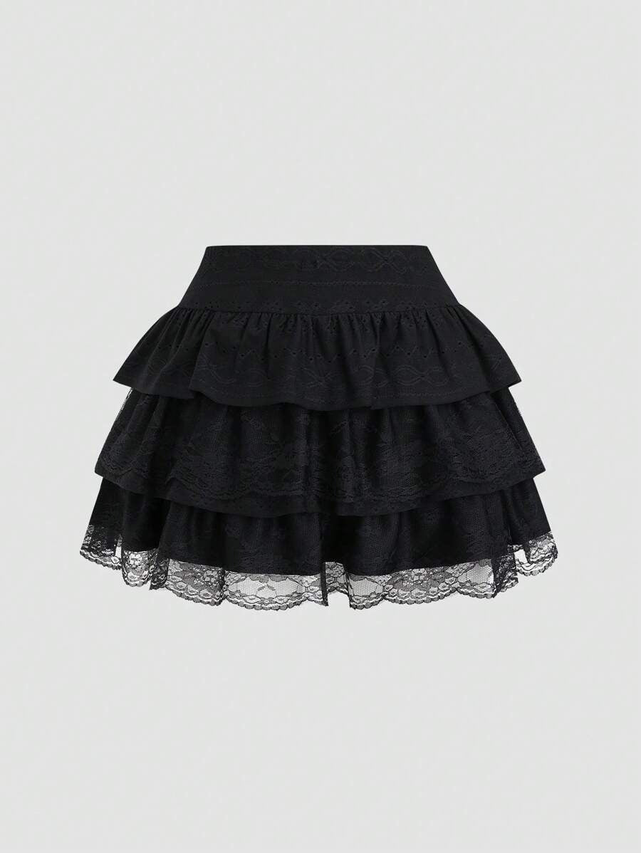 Sweetra A-Line Mini Skirt with Black Lace Trim, Fitted Silhouette To Flatter The Waist