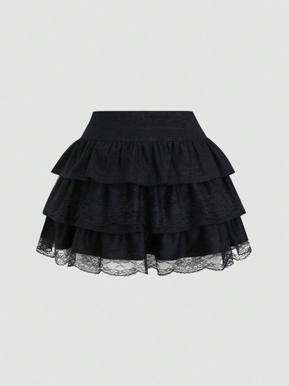 Sweetra A-Line Mini Skirt with Black Lace Trim, Fitted Silhouette To Flatter The Waist