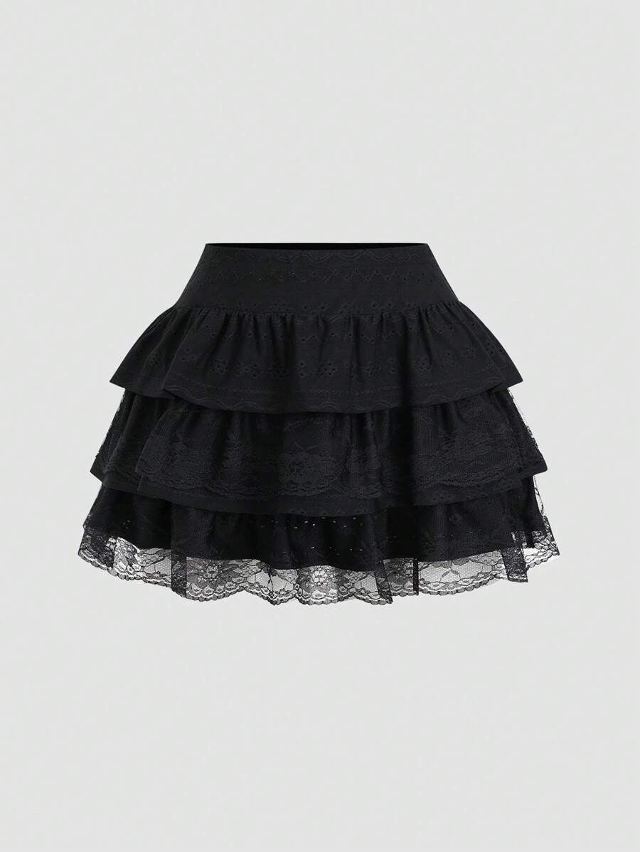 Sweetra A-Line Mini Skirt with Black Lace Trim, Fitted Silhouette To Flatter The Waist