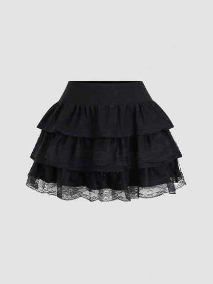 Sweetra A-Line Mini Skirt with Black Lace Trim, Fitted Silhouette To Flatter The Waist