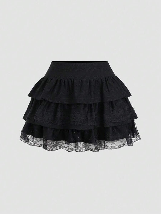 Sweetra A-Line Mini Skirt with Black Lace Trim, Fitted Silhouette To Flatter The Waist